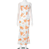 Self tie flower print backless spaghetti strap maxi dress