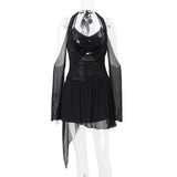 Vestido mini de manga larga con cuello en V, lazo y halter con purpurina 