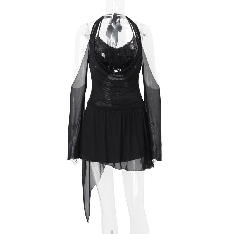 Vestido mini de manga larga con cuello en V, lazo y halter con purpurina 