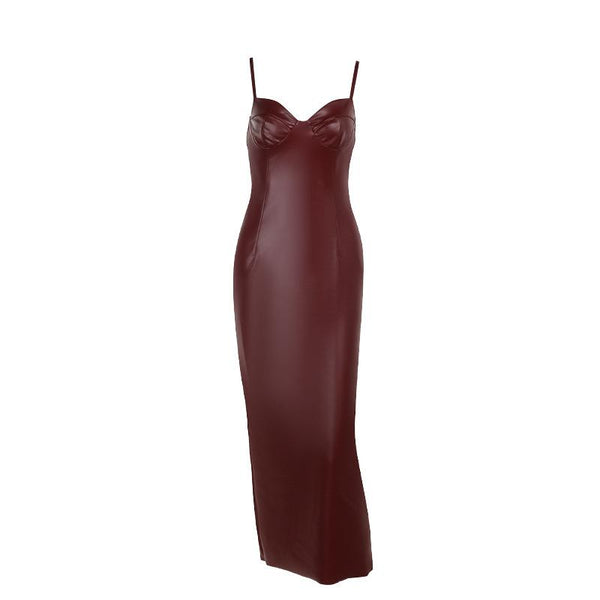 Robe midi en cuir PU avec fente et col en V, dos nu et fermeture éclair 