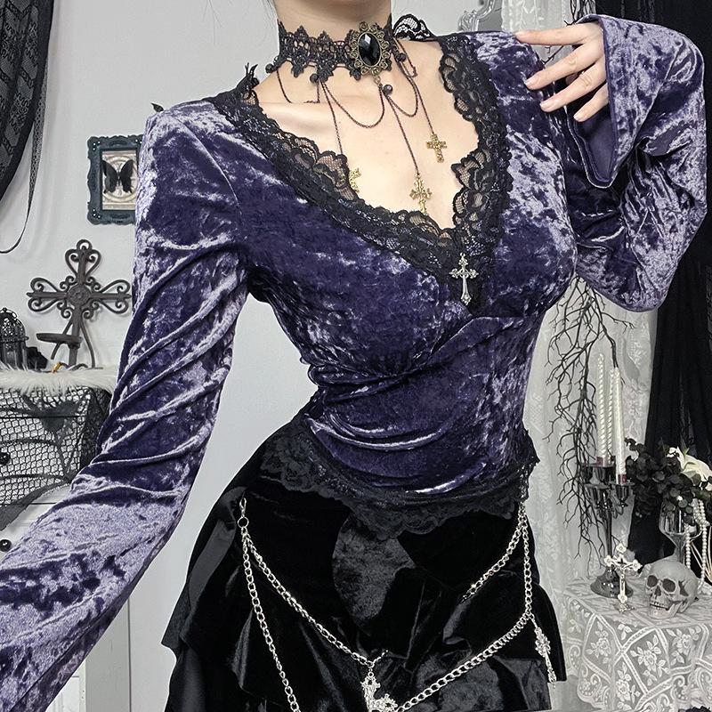 Long sleeve lace hem velvet v neck contrast top
