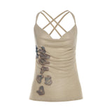 Cross back cowl neck mesh print cami top