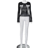 Long sleeve polka dot bowknot mesh crewneck pant set
