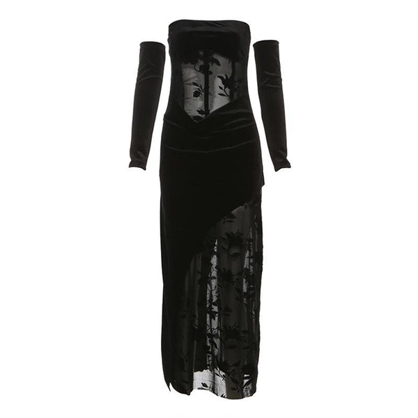 Vestido largo tubo con estampado floral de malla de terciopelo y guantes 