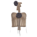 Top de tubo de malla con apliques de flores y cadena de metal con cuentas 