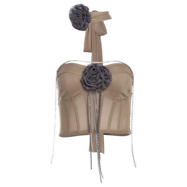 Haut tube en maille avec chaîne en métal perlé et appliques florales 