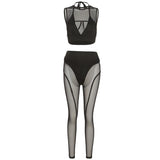 Conjunto de pantalón de tiro medio de malla hueca con cuello redondo 