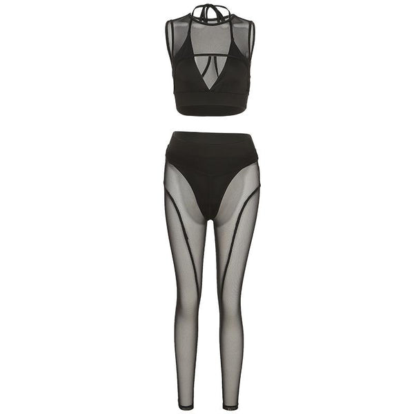 Conjunto de pantalón de tiro medio de malla hueca con cuello redondo 