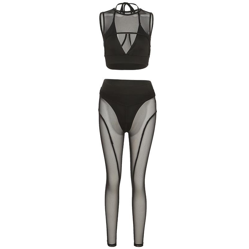 Conjunto de pantalón de tiro medio de malla hueca con cuello redondo 