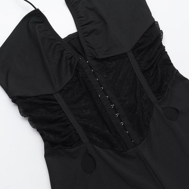 Halter hollow out corset cross front lace jumpsuit