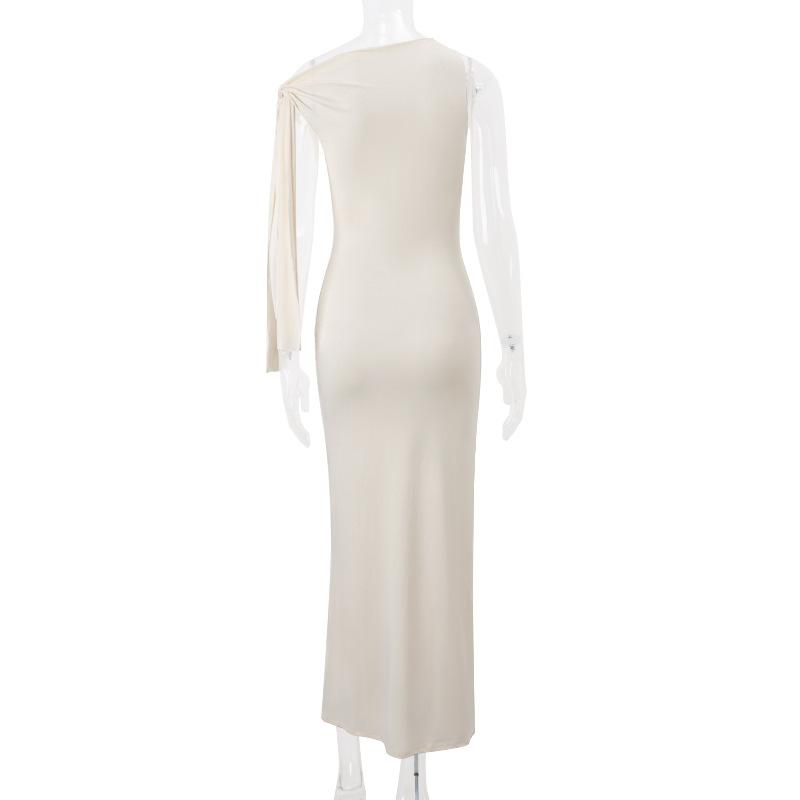 Irregular one shoulder self tie solid maxi dress