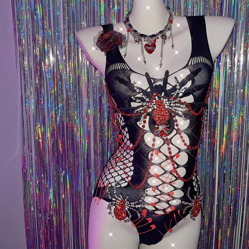 Hollow out beaded spider applique u neck bodysuit