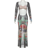 Long sleeve mesh hollow out print see through maxi dress