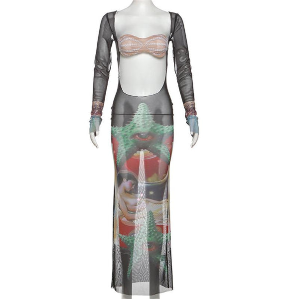 Long sleeve mesh hollow out print see through maxi dress