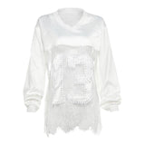 V neck long sleeve lace hem see through top