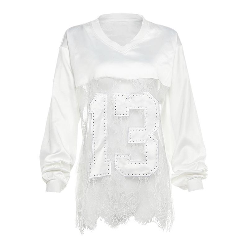 V neck long sleeve lace hem see through top