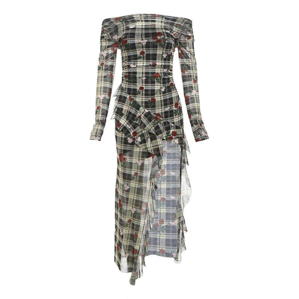 Long sleeve off shoulder flower print ruffle midi dress