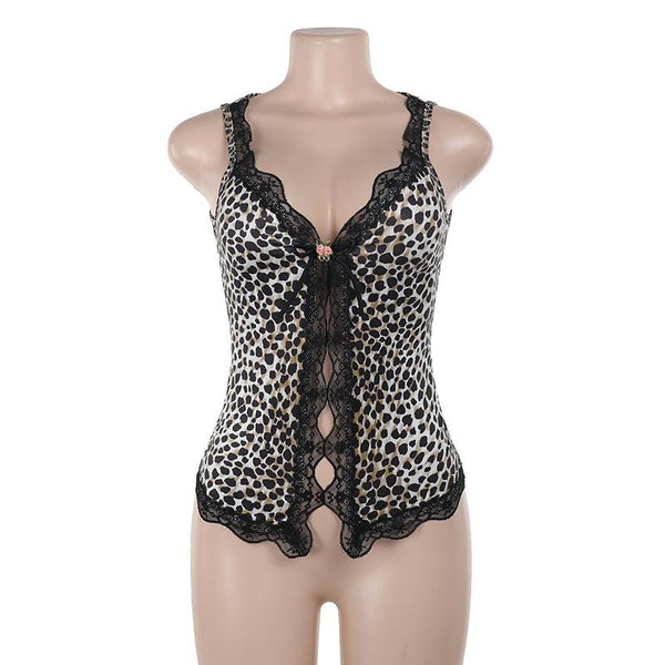 Leopard print lace hem hollow out v neck top