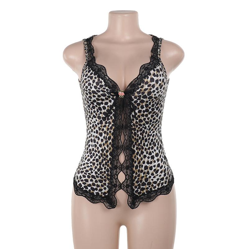 Leopard print lace hem hollow out v neck top