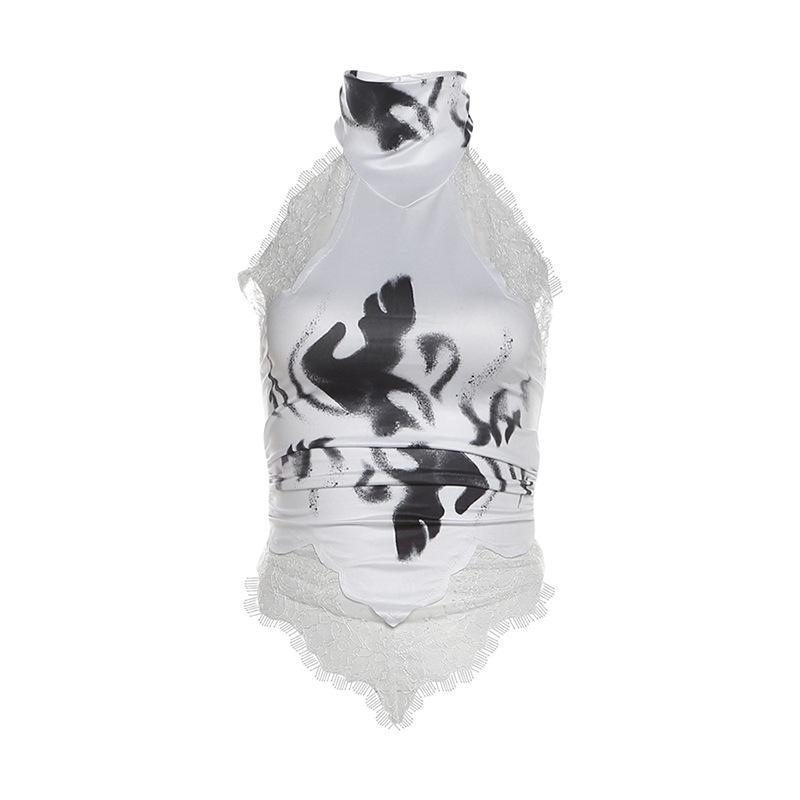Top sin espalda con estampado de encaje y botones halter 