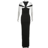Ruched hollow out crewneck solid maxi dress