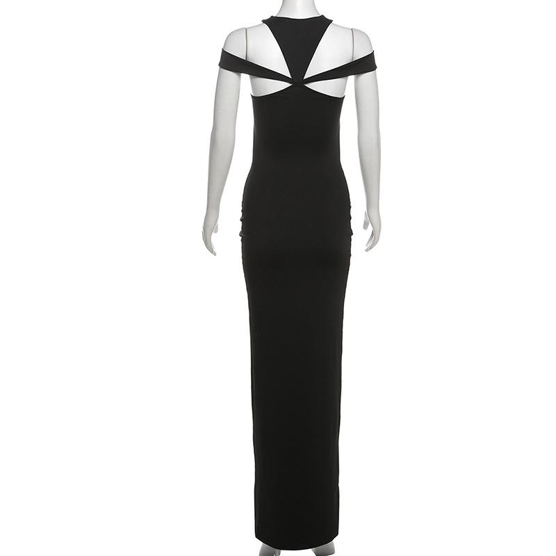 Ruched hollow out crewneck solid maxi dress