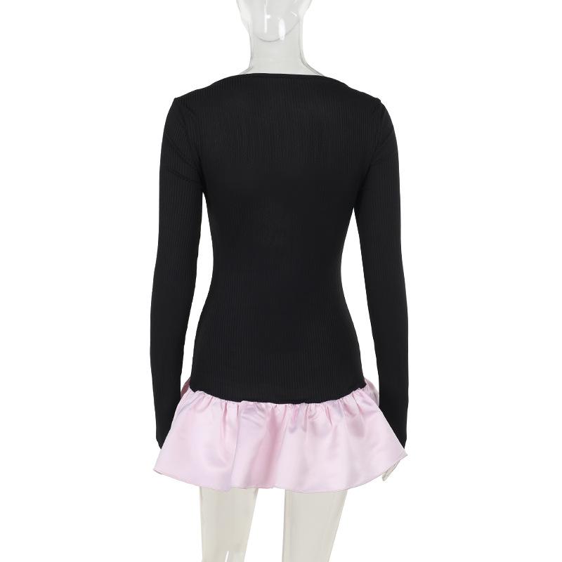Long sleeve hollow out ribbed ruffle v neck mini dress
