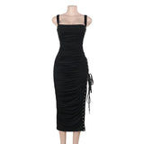 Square neck lace up ruched hollow out midi dress