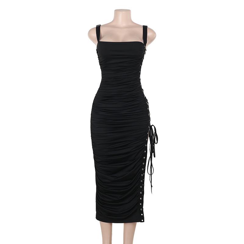 Square neck lace up ruched hollow out midi dress