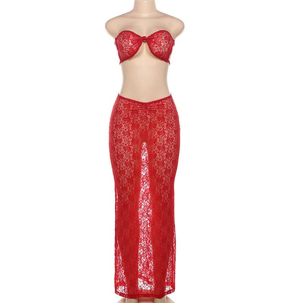 Ensemble jupe longue transparente froncée en dentelle à nouer soi-même 