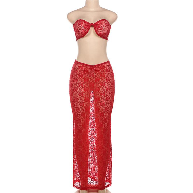 Ensemble jupe longue transparente froncée en dentelle à nouer soi-même 