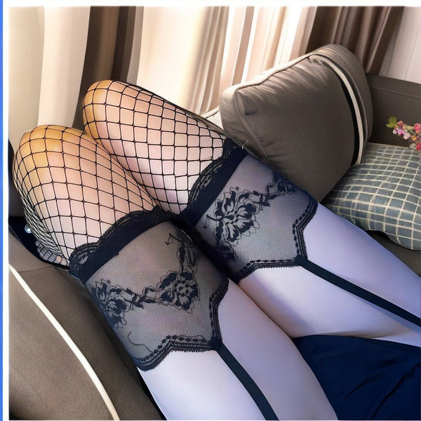 Collants résille à bretelles avec ourlet en dentelle et imprimé floral 