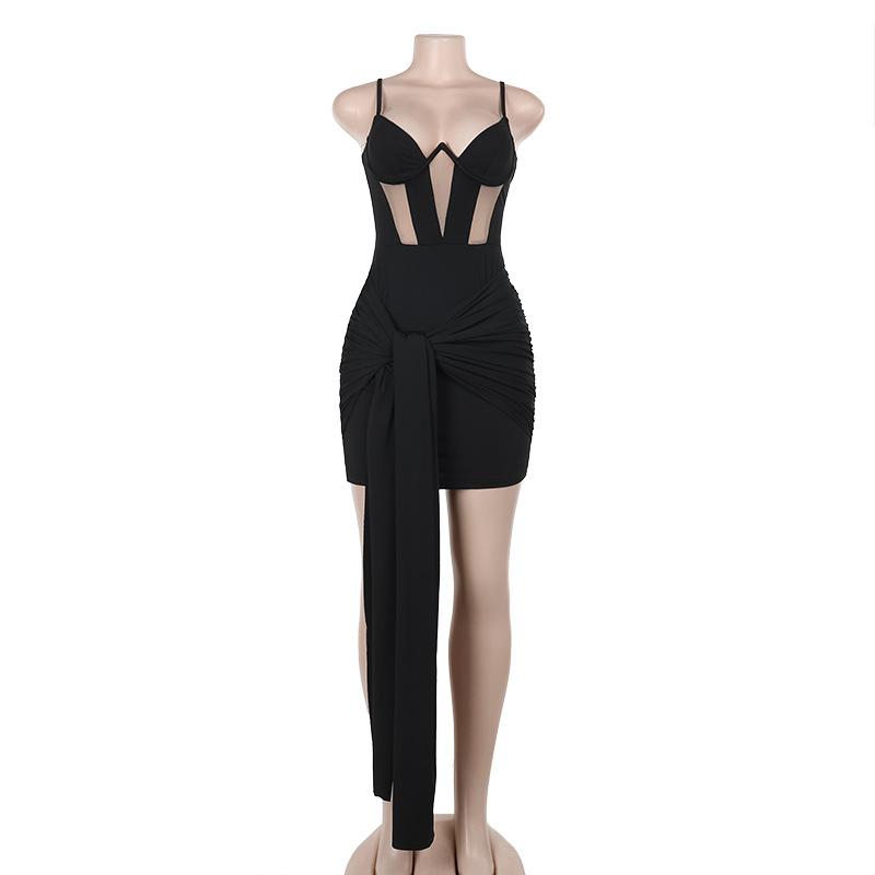 Ruched mesh backless cami mini dress