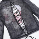 Haut à manches longues, col haut, lacets, maille transparente imprimée 