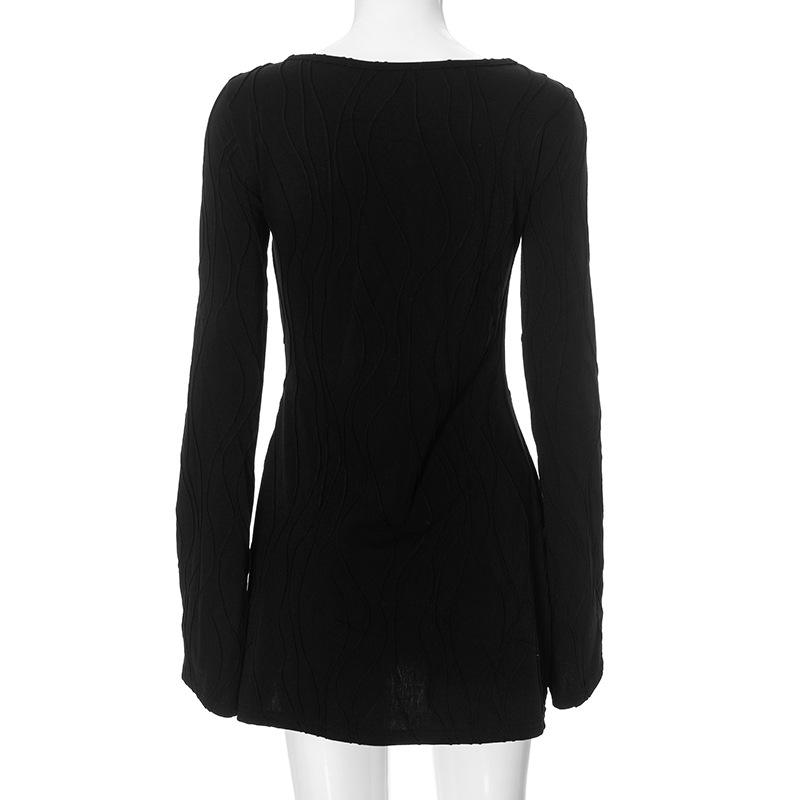Vestido mini liso con cuello redondo y textura de manga larga 