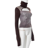 Long sleeve hollow out high neck button print top