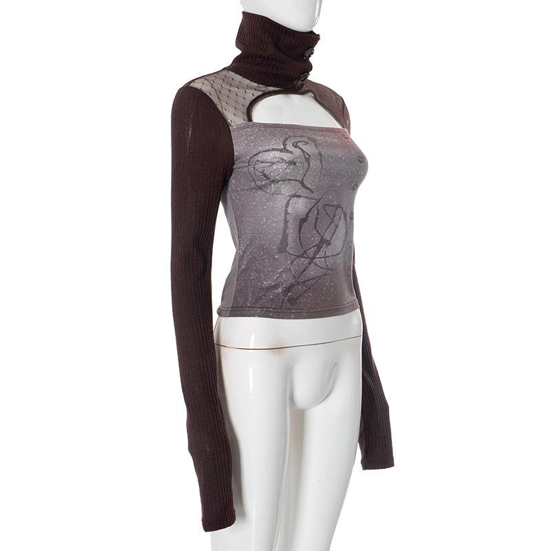 Long sleeve hollow out high neck button print top