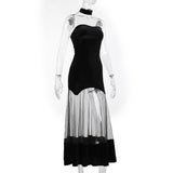 Ruched velvet mesh patchwork tube midi dress