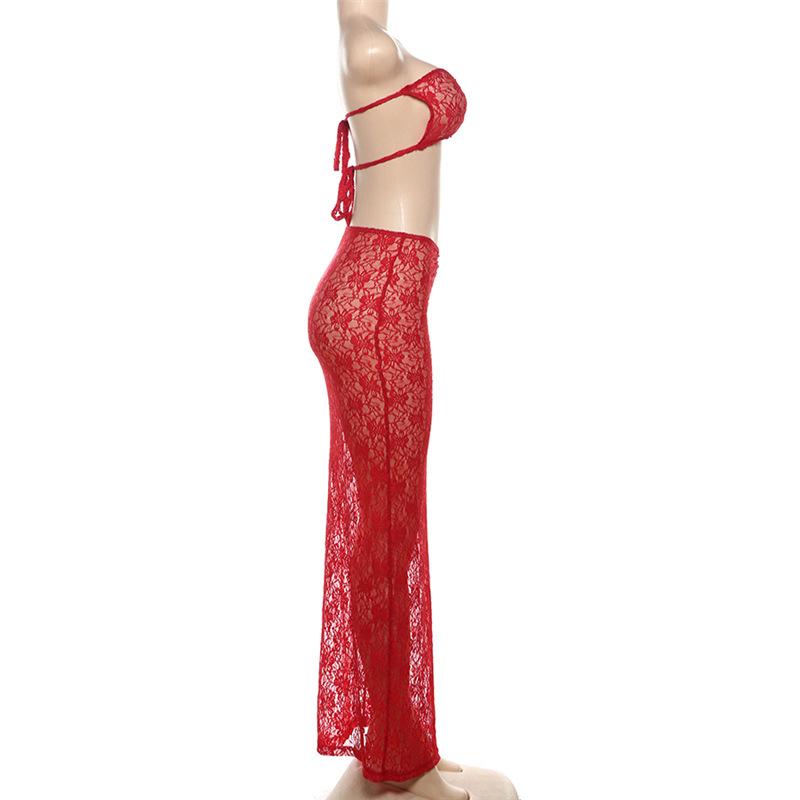 Ensemble jupe longue transparente froncée en dentelle à nouer soi-même 