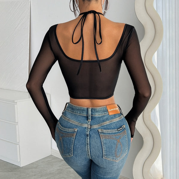 Long sleeve hollow out lace halter mesh top