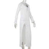Vestido midi de punto con abertura y encaje, cuello en V y manga larga 
