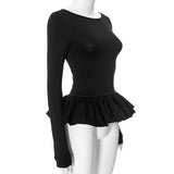 Ruched long sleeve round neck hollow out ruffle top