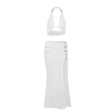 Conjunto de falda midi irregular con cuello halter, abertura y lazo 