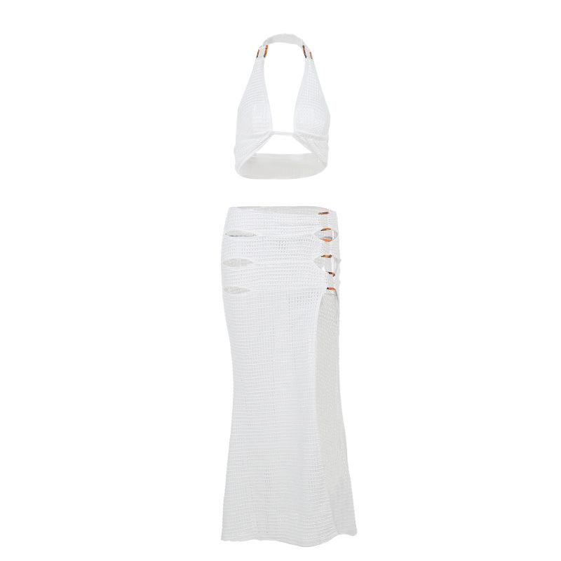 Conjunto de falda midi irregular con cuello halter, abertura y lazo 