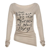 Long sleeve round neck letter print ruched top
