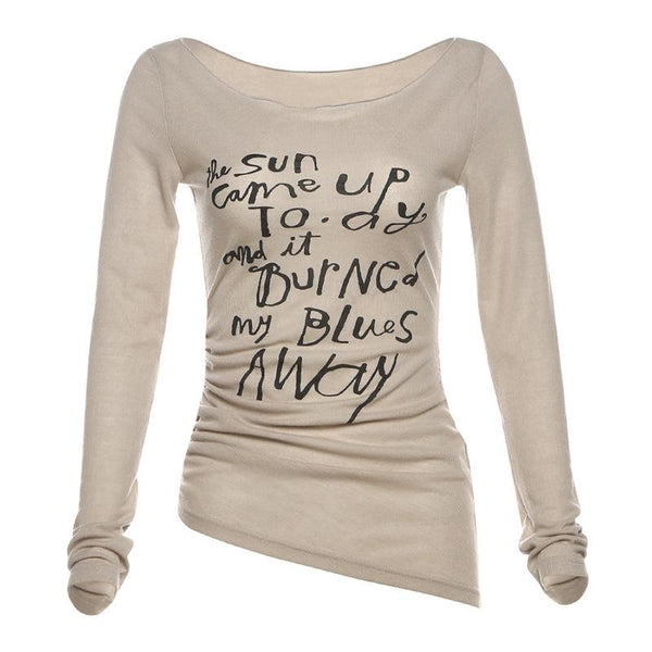Long sleeve round neck letter print ruched top