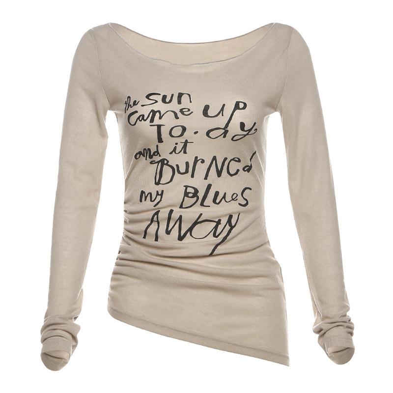 Long sleeve round neck letter print ruched top