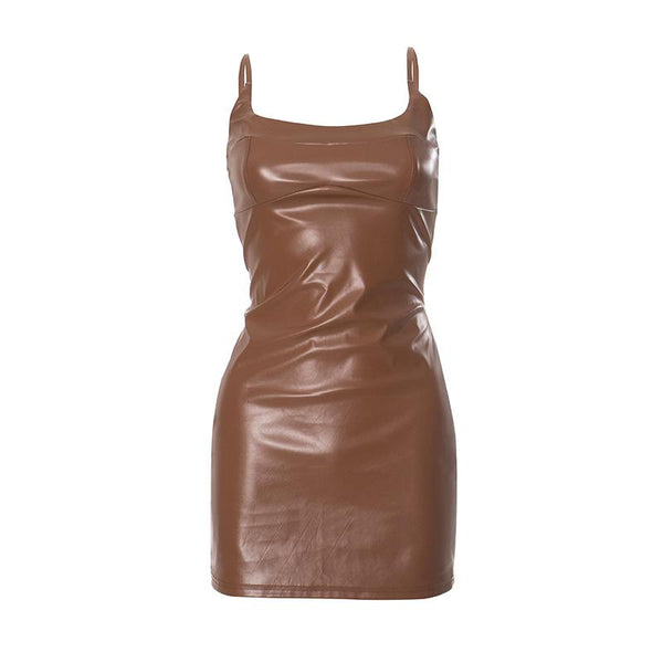 Mini-robe unie en cuir PU à col en U et fermeture éclair dans le dos 