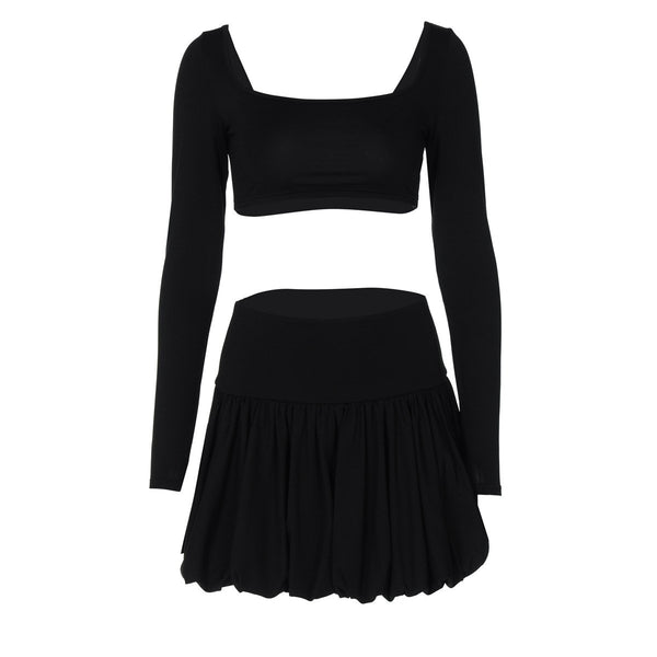 Conjunto de minifalda lisa con escote cuadrado y manga larga fruncida 