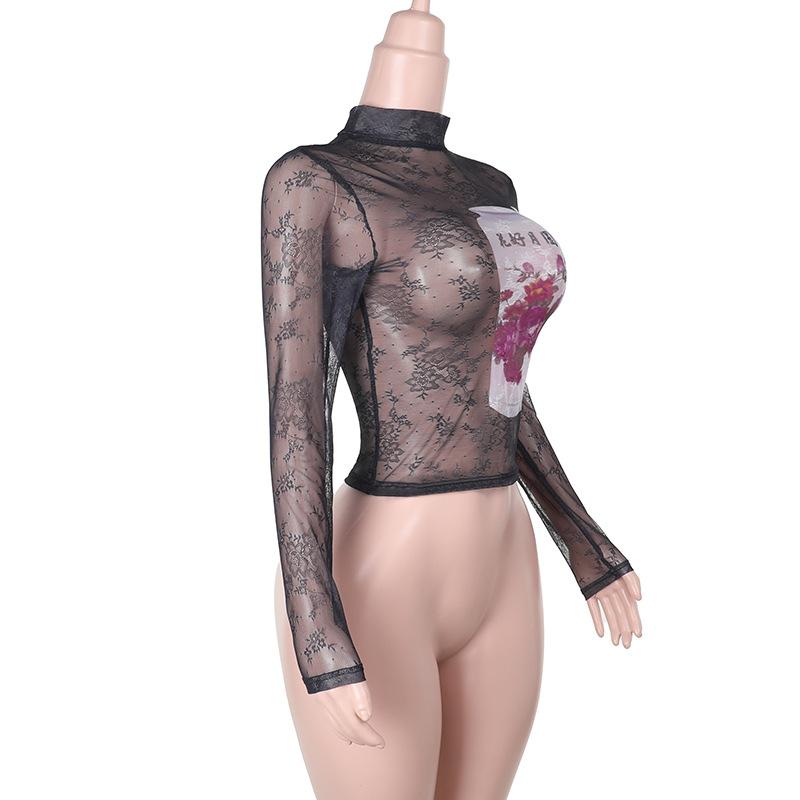Haut à manches longues, col haut, lacets, maille transparente imprimée 